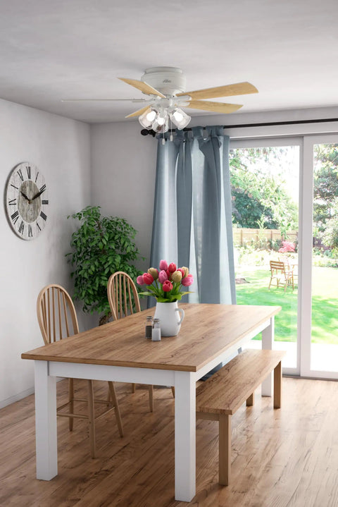 52 Inch Indoor Ceiling Fan With LED Lights And Pull Chain, low profile flush mount in dining room with wooden table and chairs, fresh white finish