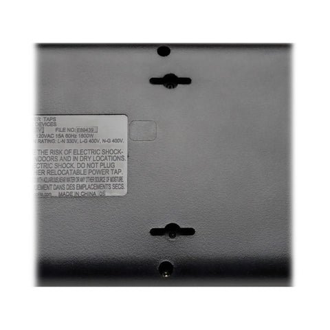 Back view of TLP1208TEL Home Theater Surge Protector Power Strip with wall mounting holes and safety instructions label.
