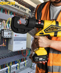 Pro-Gear Heavy Duty Electric Hydraulic Cable Lug Crimping Tool 12-Ton Battery Operated Connector in use at a wiring panel.