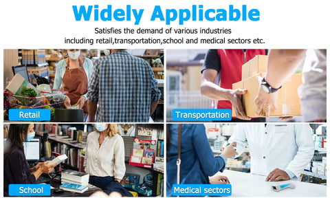 Various industries using Pocket Sized Wireless Barcode Scanner Bluetooth 1D 2D Reader for POS in retail, transport, school, medical sectors.