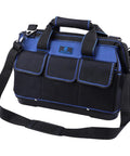 Heavy Duty Tool Tote Bag With Waterproof Plastic Base 16 Inch Multi Pocket Organizer With Shoulder Strap Black And Blue