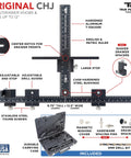 Cabinet Hardware Jig With Patent Pending True Calibration And Laser Engraved Rulers For Most Accurate Knob And Pull Placement, includes various components and carrying case.