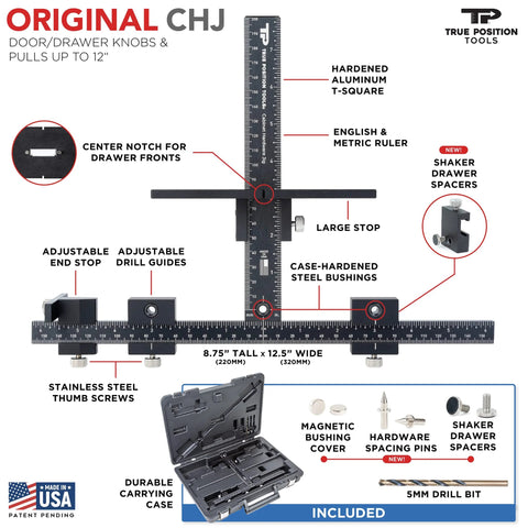 Cabinet Hardware Jig With Patent Pending True Calibration And Laser Engraved Rulers For Most Accurate Knob And Pull Placement, includes various components and carrying case.