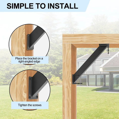 4 Pack 45 Degree Angle Support Brackets For Pergolas And Wood Structures, Heavy Duty Steel With Black Powder Coat, shown installed on wood