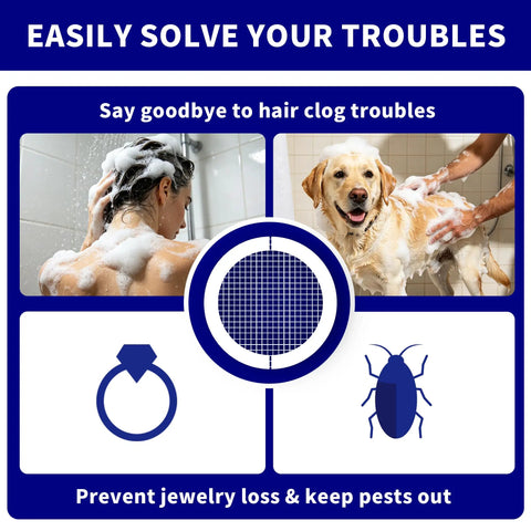 Heavy Duty Disposable Shower Drain Hair Catcher With Extra Tacky Waterproof Mesh preventing clogs while showering and bathing pets.