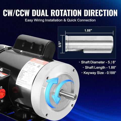 Workhorse 1HP Electric Motor With Reversible CW CCW Rotation For Air Compressors And Farm Machinery, 1725 RPM, 56C Frame, Five Eighth Inch Keyed Shaft, Single Phase 115V Or 230V illustrating dual rotation direction and shaft measurements.