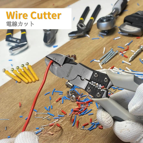 Heavy Duty Wire Cutters With Wire Stripper And Crimping Pliers 8 Inch Diagonal Cutters in use on a workbench with wires