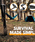 Foldable 18 Inch Survival Shovel With Saw Edge Military Grade Carbon Steel in forest with tent backdrop.