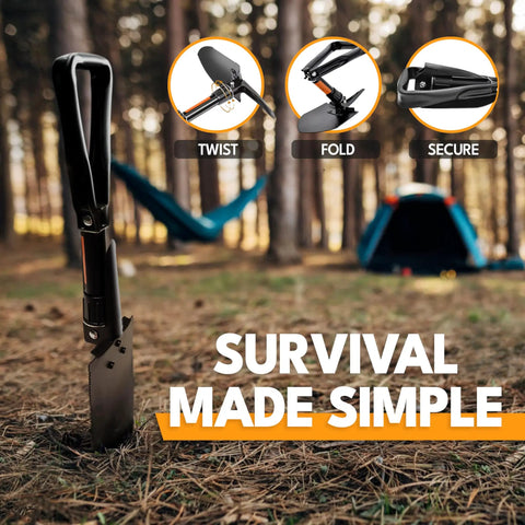 Foldable 18 Inch Survival Shovel With Saw Edge Military Grade Carbon Steel in forest with tent backdrop.