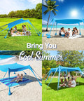 Beach Tent 10 By 10 Ft Portable Shade Shelter With 8 Sandbags, 4 Thickened Aluminum Poles, Windproof Ropes And UPF 50 Plus Sun Defense
