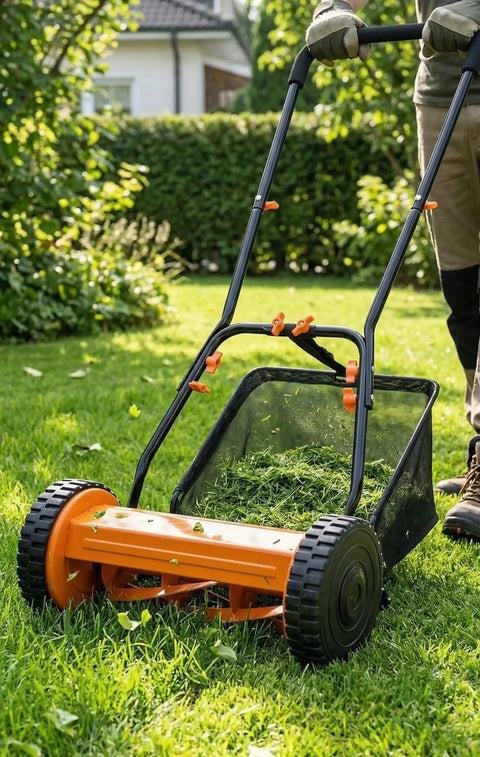 Lightweight 16 Inch Push Lawn Mower With Rear Roller For Stripes Four Adjustable Cutting Heights From 0.6 To 1.6 Inches
