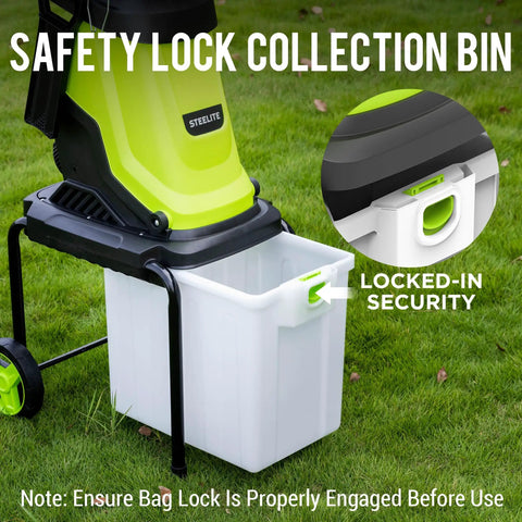 Image showing a safety lock collection bin on an Electric Wood Chipper Shredder with 55L Collection Bin, 15 Amp Motor Up To 4000 RPM.