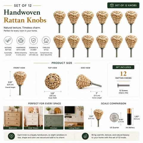 Handmade Rattan Drawer Knobs Set Of 12 Boho Cabinet Pulls With Solid Wood Base Hella Stylish Rustic Furniture Handles For Dresser And Home Decor Refresh Plus Easy Grip Handles That Are A Total Game Changer, various angles displayed.