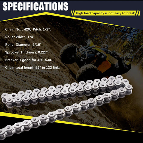 Two silver MRELC 420 motorcycle chains, 132 links each.