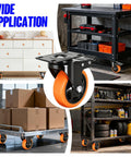 Collage of 4 Inch Caster Set Of 4 Dual Locking PU Casters with orange wheels installed on furniture, workbenches, carts.