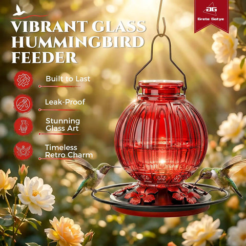 Glass Hummingbird Feeder 26 Oz With Perch And Five Flower Feeding Ports Leak Proof Outdoor Garden Hanging Bottle
