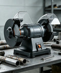 Mufaknp Dual Speed Power Bench Grinder For Metal Working And Sharpening Knives Drill Bits Polishing Honing Machine close-up view with safety shields