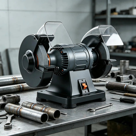 Mufaknp Dual Speed Power Bench Grinder For Metal Working And Sharpening Knives Drill Bits Polishing Honing Machine close-up view with safety shields