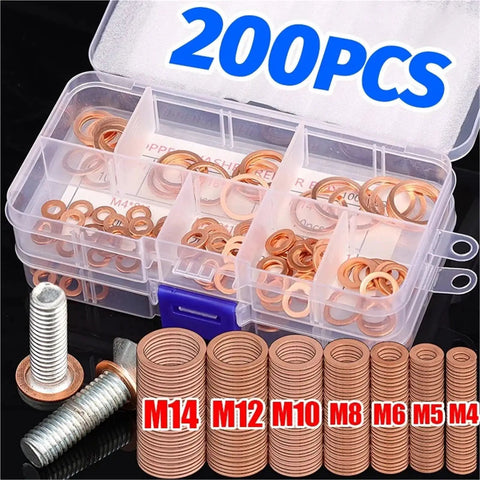 Flat Copper Washer Kit With Oil Drain Plug Gaskets Universal Sump Seal Rings Fits Most Car Engines Ensuring Heat Resistant Sealing To Stop Oil Leaks Fast And Keep The Ride Running Smoothly For Years With A Snug Fit. M4-M14 copper washer assortment in storage case