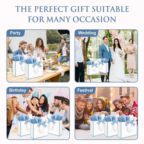 Collage showing Three Pack Large Gift Bags With Handles No Fuss Gifting Ready 12.6 By 10 By 4 Inch for various occasions.