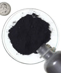 Molybdenum Disulfide MoS2 1 Ounce Bottle 99 Percent Pure Reagent Grade 1.5 Micron Powder For Lubrication Industrial Lab Use Slippery Tech Grade For Coatings And Machinery Use, displayed next to a coin for size comparison.
