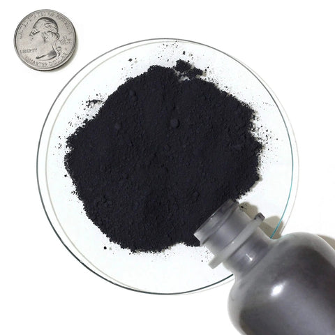 Molybdenum Disulfide MoS2 1 Ounce Bottle 99 Percent Pure Reagent Grade 1.5 Micron Powder For Lubrication Industrial Lab Use Slippery Tech Grade For Coatings And Machinery Use, displayed next to a coin for size comparison.
