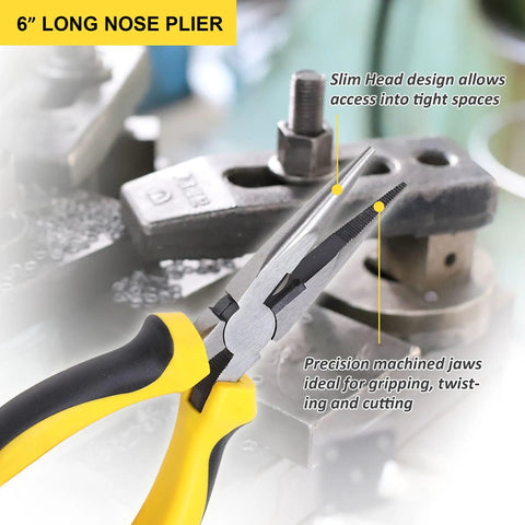 Six Inch Long Nose Pliers from Five Piece Pliers Set With Eight Inch Groove Joint Pliers, ergonomic yellow handles in a workshop setting.