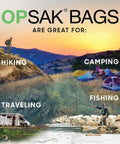 Landscape with text showing hiking, camping, traveling, and fishing activities emphasized for Odor Proof Dry Bags For Backpacking And Camping Reusable Resealable Storage Bags 28x20 Inches Leak Proof Odor Containment Waterproof And Durable For Travel Hiking Gear Food And Gear Organization 2 Pack.