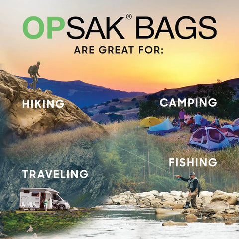 Landscape with text showing hiking, camping, traveling, and fishing activities emphasized for Odor Proof Dry Bags For Backpacking And Camping Reusable Resealable Storage Bags 28x20 Inches Leak Proof Odor Containment Waterproof And Durable For Travel Hiking Gear Food And Gear Organization 2 Pack.