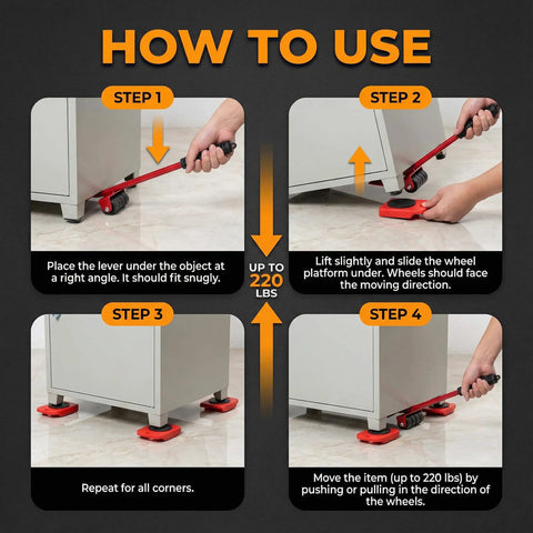 Step-by-step guide on using Heavy Duty No Sweat Furniture Lifter Tool Set With Adjustable Height, 4 Wheel Movers Sliders, Red