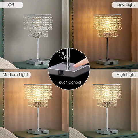 Dope Crystal Bedside Lamp With Dimmable Square Touch Control USB Ports And Dual Outlets shown in four lighting settings