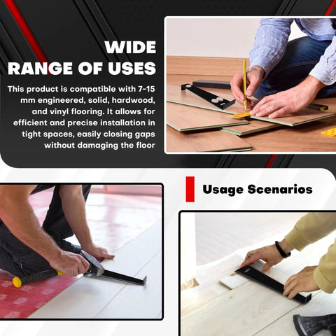 Heavy Duty 12.2 Inch Pull Bar for Vinyl Plank and Laminate Flooring Installations Black Steel Tool With Matte Coating 4mm Thick Soft Back Padding to Protect Floors used on laminate and vinyl flooring