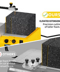 Comparison of hot wire foam cutter with elevated extension rail for precision cutting versus standard foam cutting method.