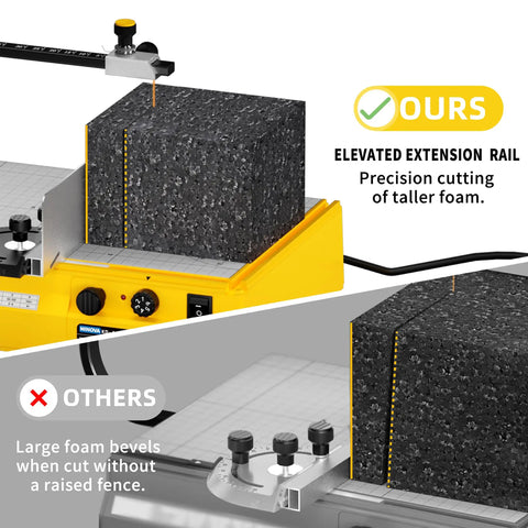 Comparison of hot wire foam cutter with elevated extension rail for precision cutting versus standard foam cutting method.