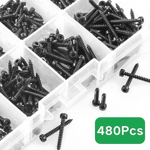 Top Shelf M2 Hex Socket Cap Screws Assortment Kit With 480 Pieces Black self tapping Allen head bolts in storage box.