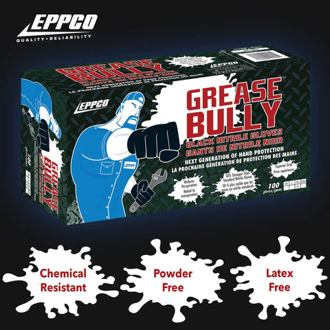 Built Tough 6 Mil Thick Black Nitrile Work Gloves For Mechanics And Auto Repair, Disposable Powder Free Latex Free With Textured Superior Grip, Waterproof Reinforced Palm Bulk Pack X Large packaging box with branding and product details.