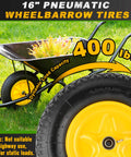 Close-up of Beefy 16 Inch Pneumatic Wheelbarrow Tire And Wheel Set With 4.80/4.00-8 Size; tire on a wheelbarrow in grass