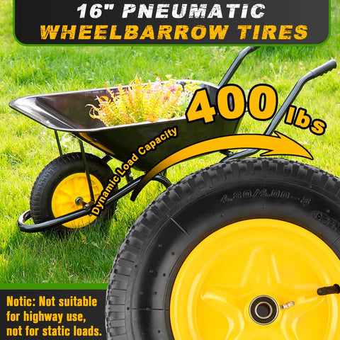 Close-up of Beefy 16 Inch Pneumatic Wheelbarrow Tire And Wheel Set With 4.80/4.00-8 Size; tire on a wheelbarrow in grass