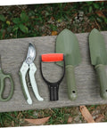 Two Pack D Shaped Shovel Handles Replacement For Snow Shovels And Scoop Shovels with garden tools on a bench