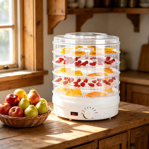 Heavy Duty Electric Food Dehydrator With Five Clear Trays And Adjustable Heat Zones For Zero Fuss Drying Of Fruit Meat Jerky And Custom Pet Treats Perfect For Family Dinners And Weekend Meal Prep with dried fruits on trays.