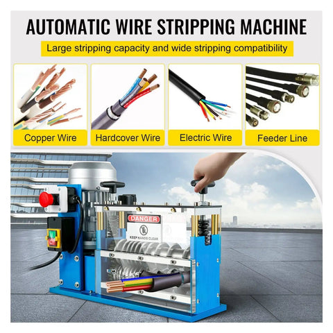 Heavy Duty Electric Wire Stripper Machine 370 Watt High Speed Cable Cutter showing various wire types and control features.