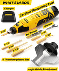 Cordless Chainsaw Sharpener Kit With 12V Power Portable On The Go Sharpening Tool Six Titanium Coated Diamond Bits And Angle Guide