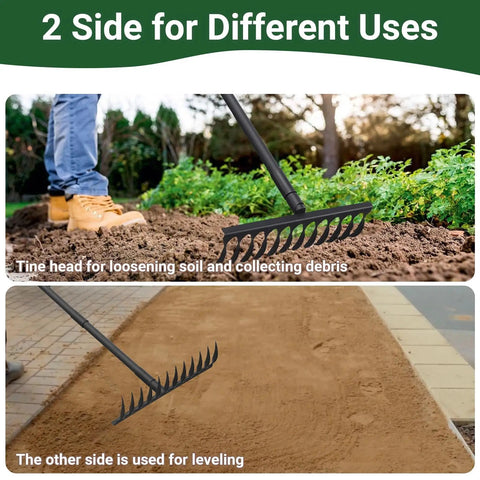 Heavy Duty Bow Rake With 60 Inch Adjustable Handle And 17 Inch Wide Metal Head For Yard Work showing use on soil and gravel