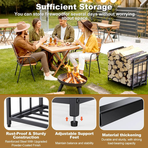 Group at table by fire pit; 15.5 Inch Compact Metal Firewood Rack With Built In Fire Blower nearby, features shown in close-ups.