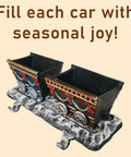 Close-up of Top Shelf Cast Iron 3D Train Christmas Stocking Holder With Santa Sleigh And Four Rail Carts Six Stocking Hooks.