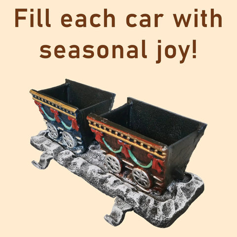 Close-up of Top Shelf Cast Iron 3D Train Christmas Stocking Holder With Santa Sleigh And Four Rail Carts Six Stocking Hooks.