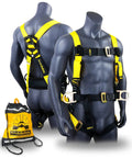 Hurricane Safety Harness with Lifeline Kit on mannequin, showcasing premium padded back, heavy-duty D-rings, and pass-through buckles, ANSI OSHA certified.