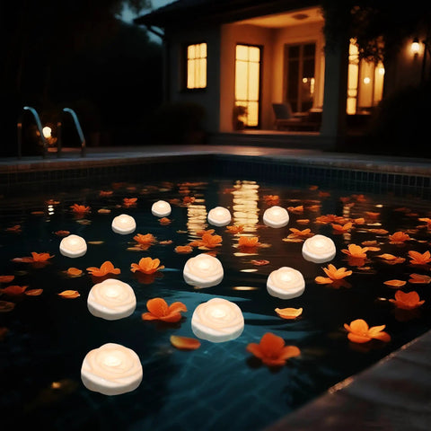 7 Piece Battery Operated Flameless LED Candles With Remote Timer, Waterproof Indoor Outdoor, floating in a pool at night