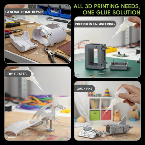 Fast Grab Super Glue For 3D Printing And DIY Projects, 1oz Plus 1g Kit being used on various materials like plastic and models.