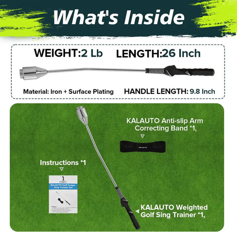 Weighted Golf Swing Trainer and Grip Trainer for Indoor Practice, materials listed, instructions, arm band included